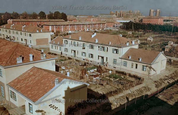 Torviscosa, vista dalla torre del Laboratorio agrario. In primo piano: Case gialle; in secondo piano: Villa di Sotto (case distrutte dal bombardamento del febbraio 1945); in fondo: Stabilimento industriale. Foto: Walter Frentz