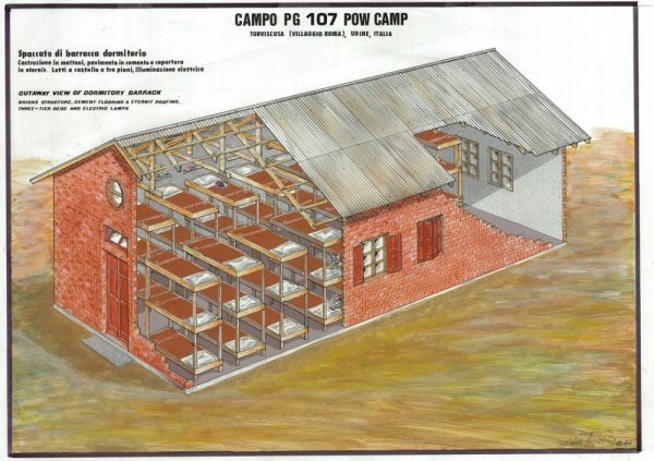 Spaccato assonometrico di una baracca dormitorio del campo 107. Autore: Dino Tuniz